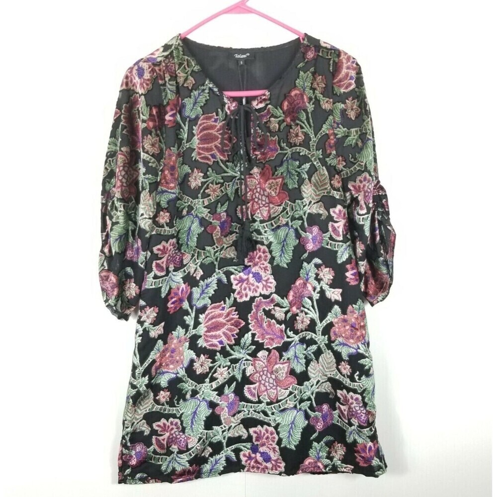 Tolani‎ Joan Noire Velvet Tunic Mini Dress Tassels Floral Women S